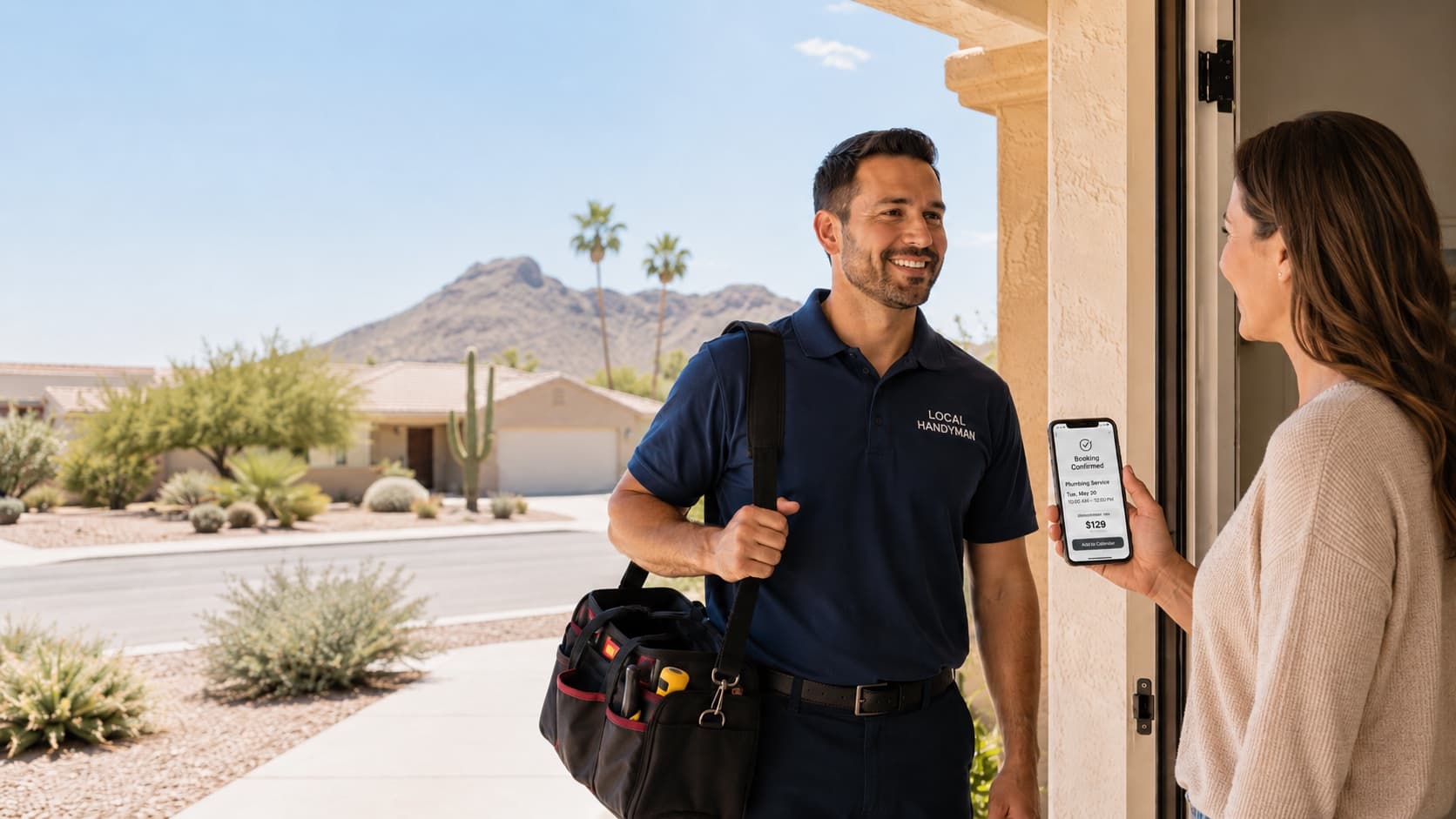 A friendly Ohana Helps handyman greeting a customer at their front door