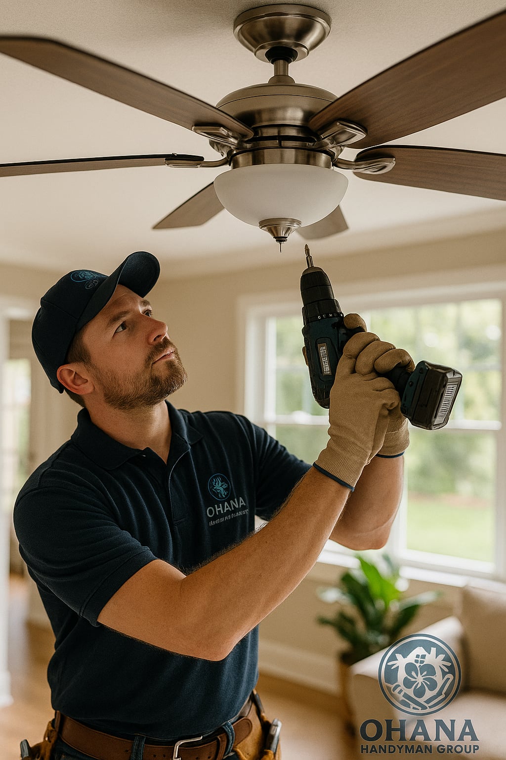 Ohana handyman installing a ceiling fan in a living room