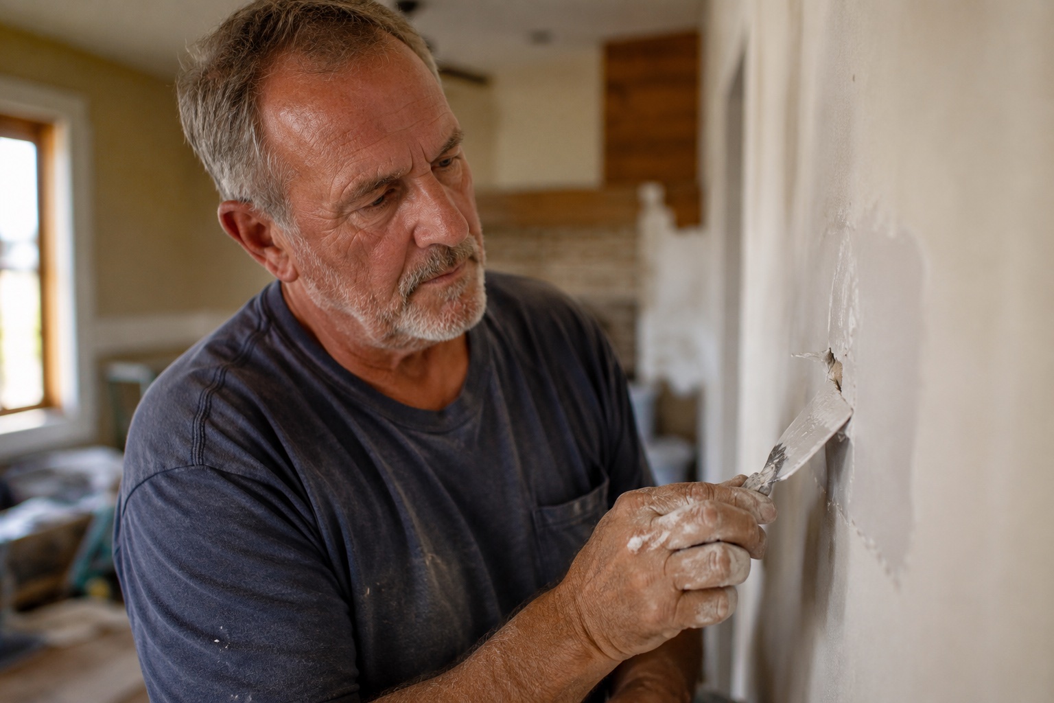 An Ohana Helps handyman repairing drywall